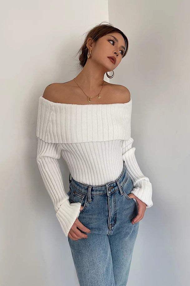 Chic Off Shoulder Rib-Knit Sweater for Effortless Style