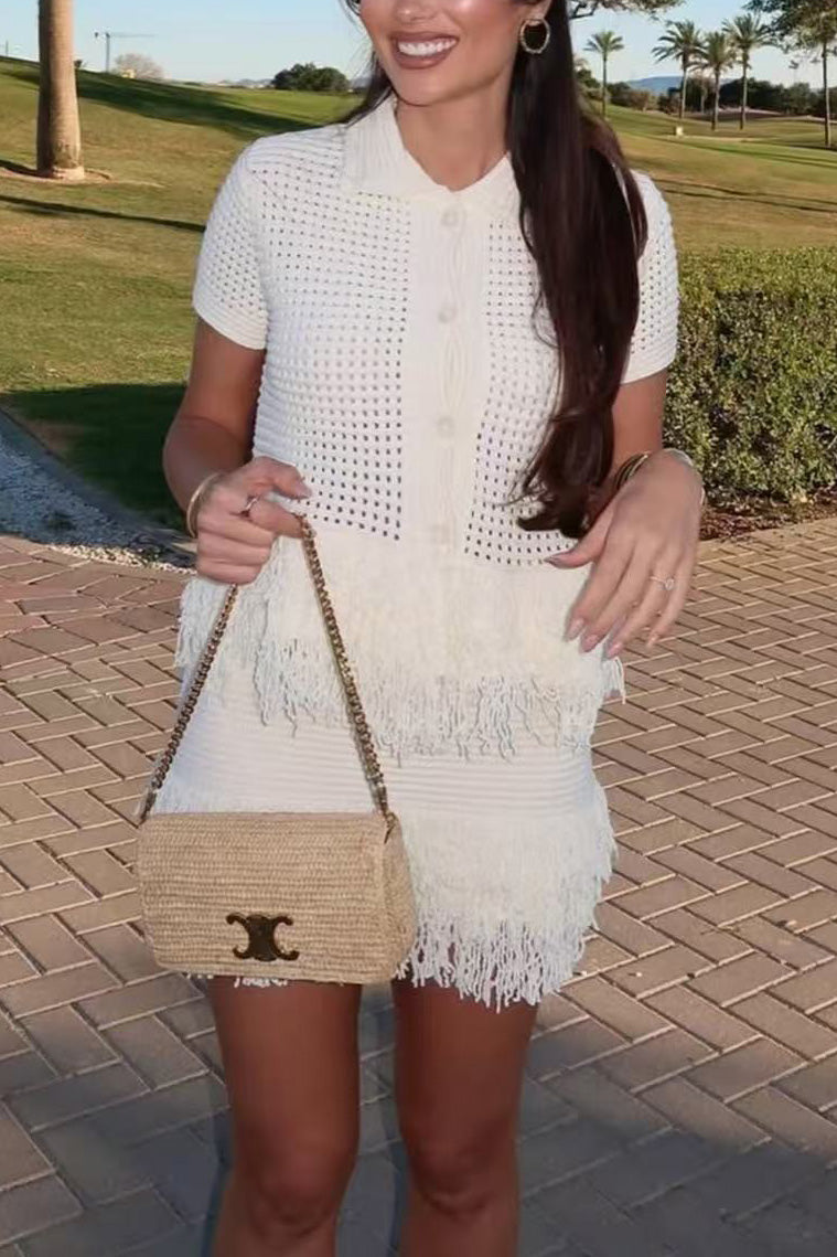 Chic Tassel Knit Coat and High-Waisted Miniskirt Set