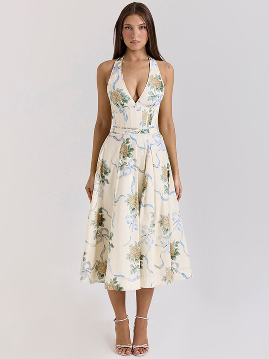 Floral Print Halter Neck Corset Bodice A-Line Midi Dress