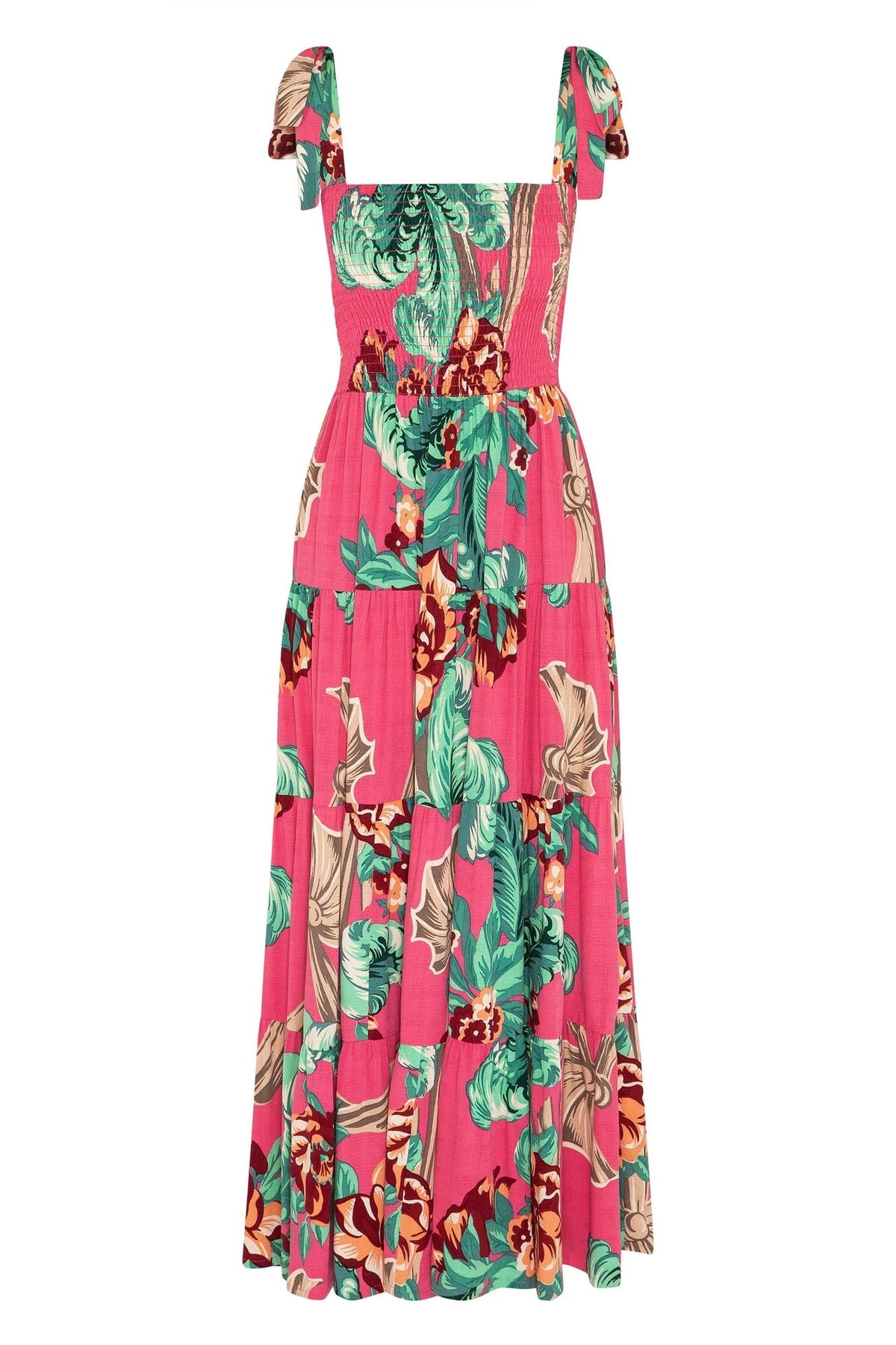 Floral Print Tie Strap Smocked Tiered Midi Dress