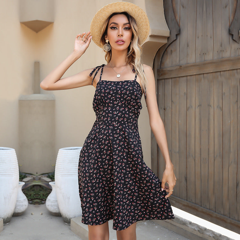 Floral Print Square Neck Tie Strap A-Line Mini Dress