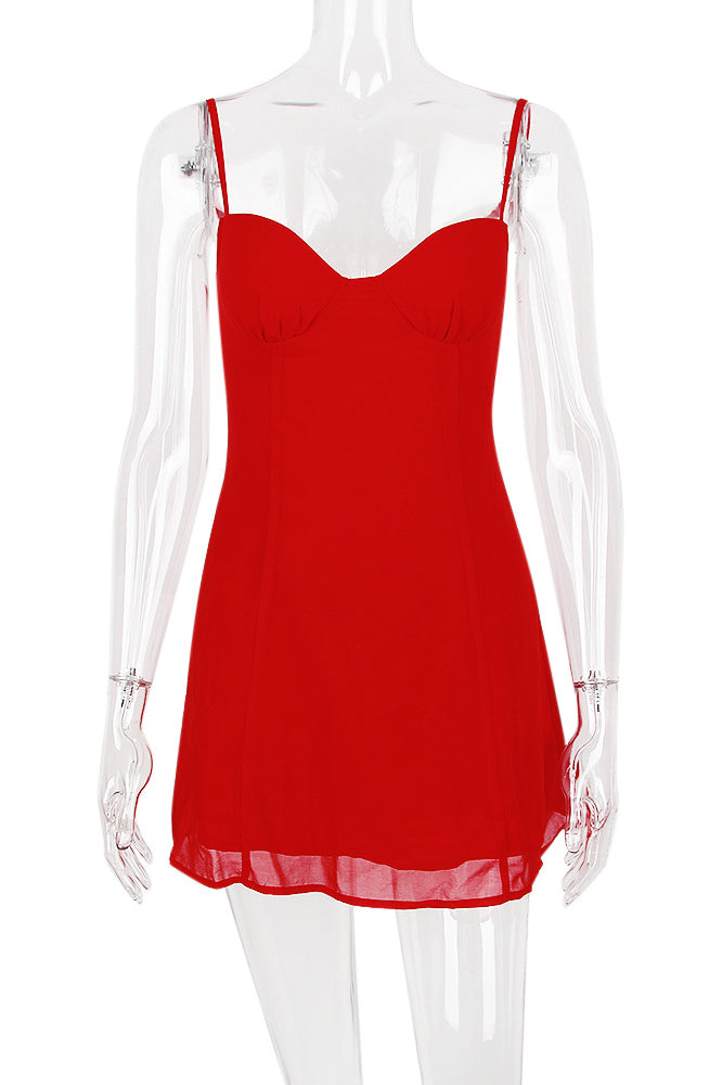 Glamorous Solid Sweetheart Summer Chiffon Mini Sundress - Red
