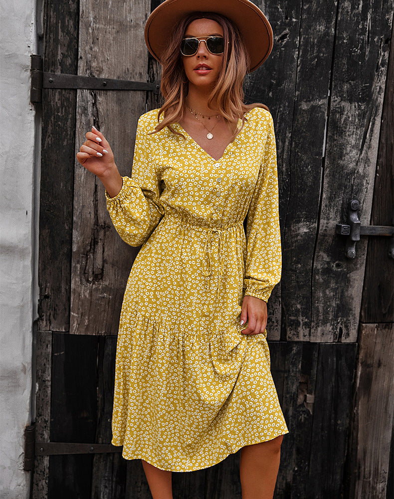 Floral Print V-Neck Long Sleeve Wrap Tiered Midi Dress