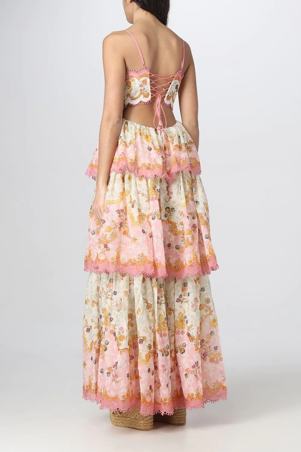 Floral Spaghetti Strap Scalloped Cut Out Tiered Midi Dress - View 4