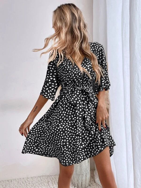 Printed V-Neck Flutter Sleeve Wrap Mini Dress