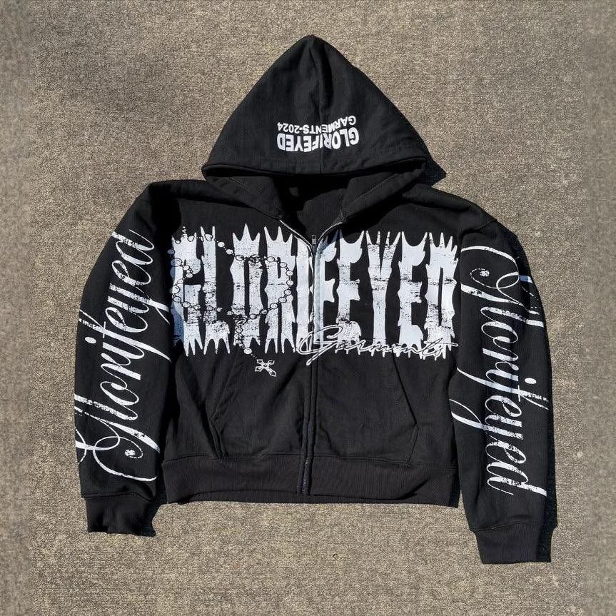 Y2K Graphic Print Zipper Hoodie - Fashionpara