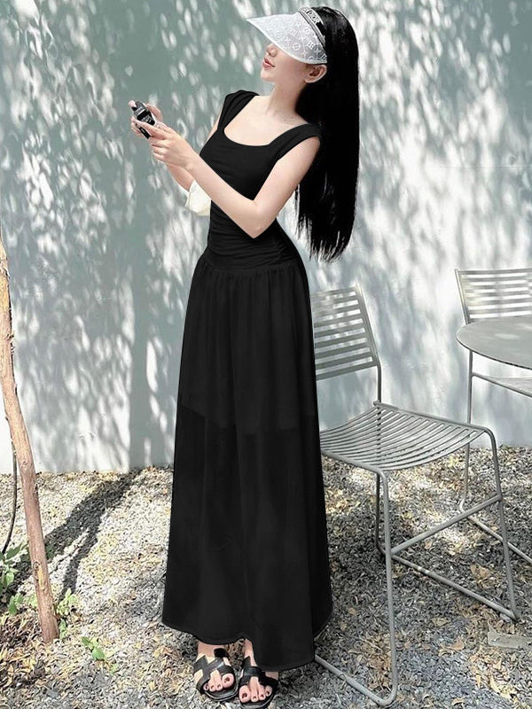 Square Neck Sleeveless Ruched Tiered Maxi Dress