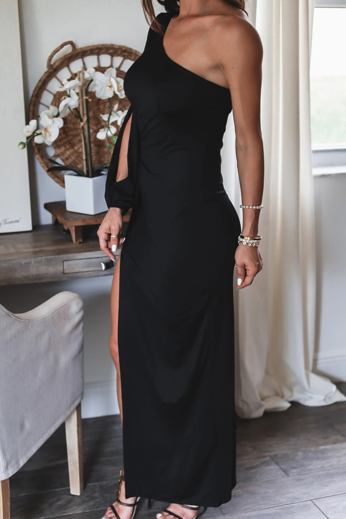 One Shoulder Long Sleeve Ruched Slit Gown