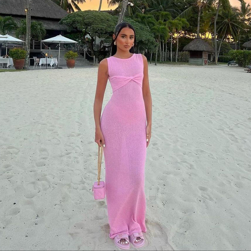 Knit Round-Neck Twist-Front Bodycon Maxi Dress