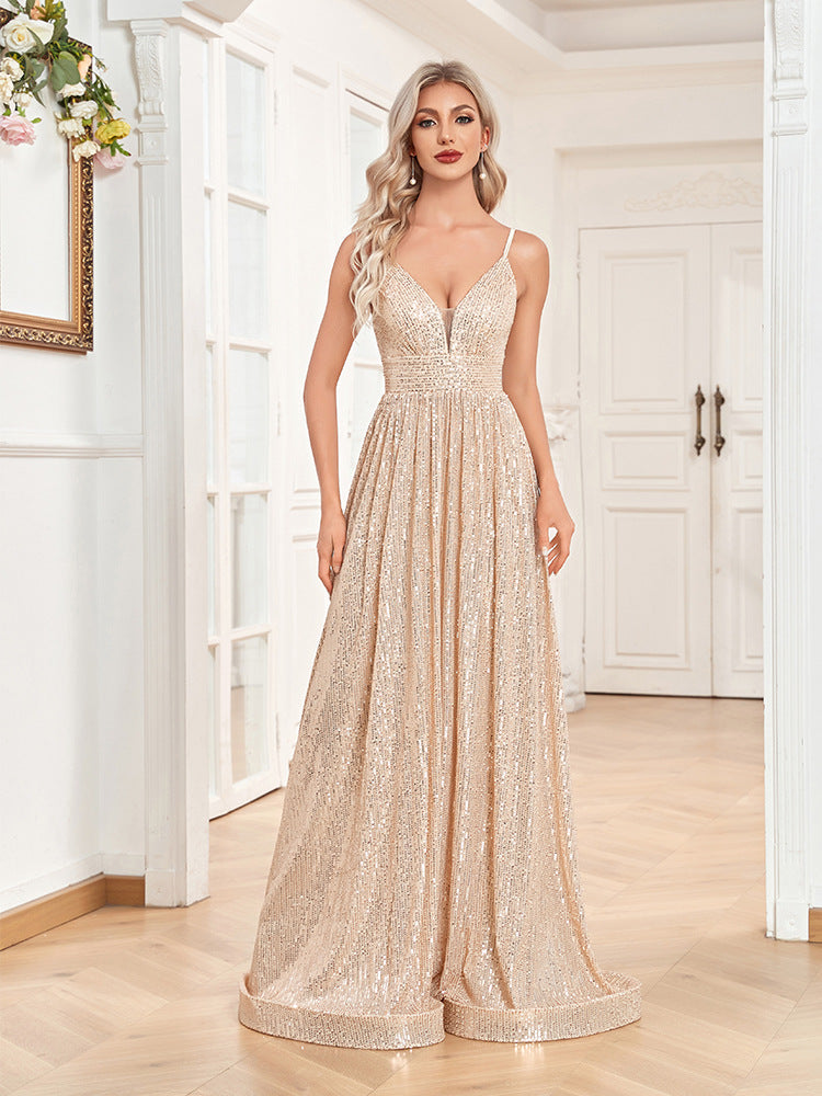 Sequined Backless Evening Dress Deep V Plunge neck Bridesmaid Dress Party Formal Dress Cocktail - Fashionpara