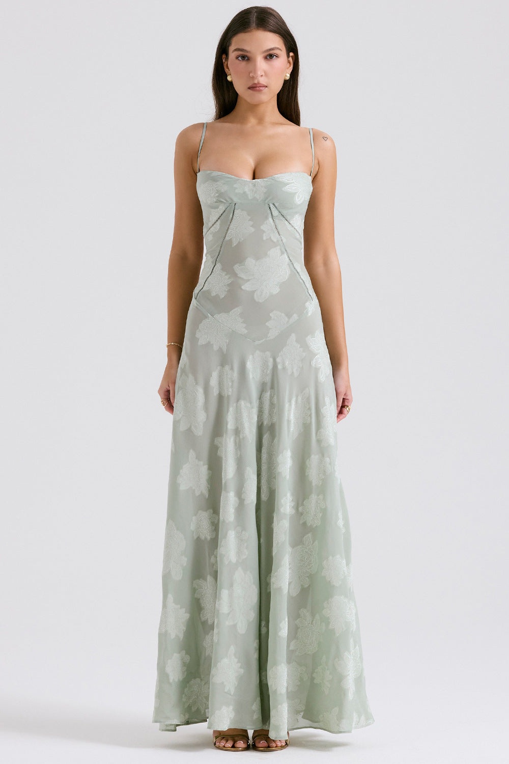 Floral Jacquard Cowl Neck Lace Up Slip Maxi Dress 12