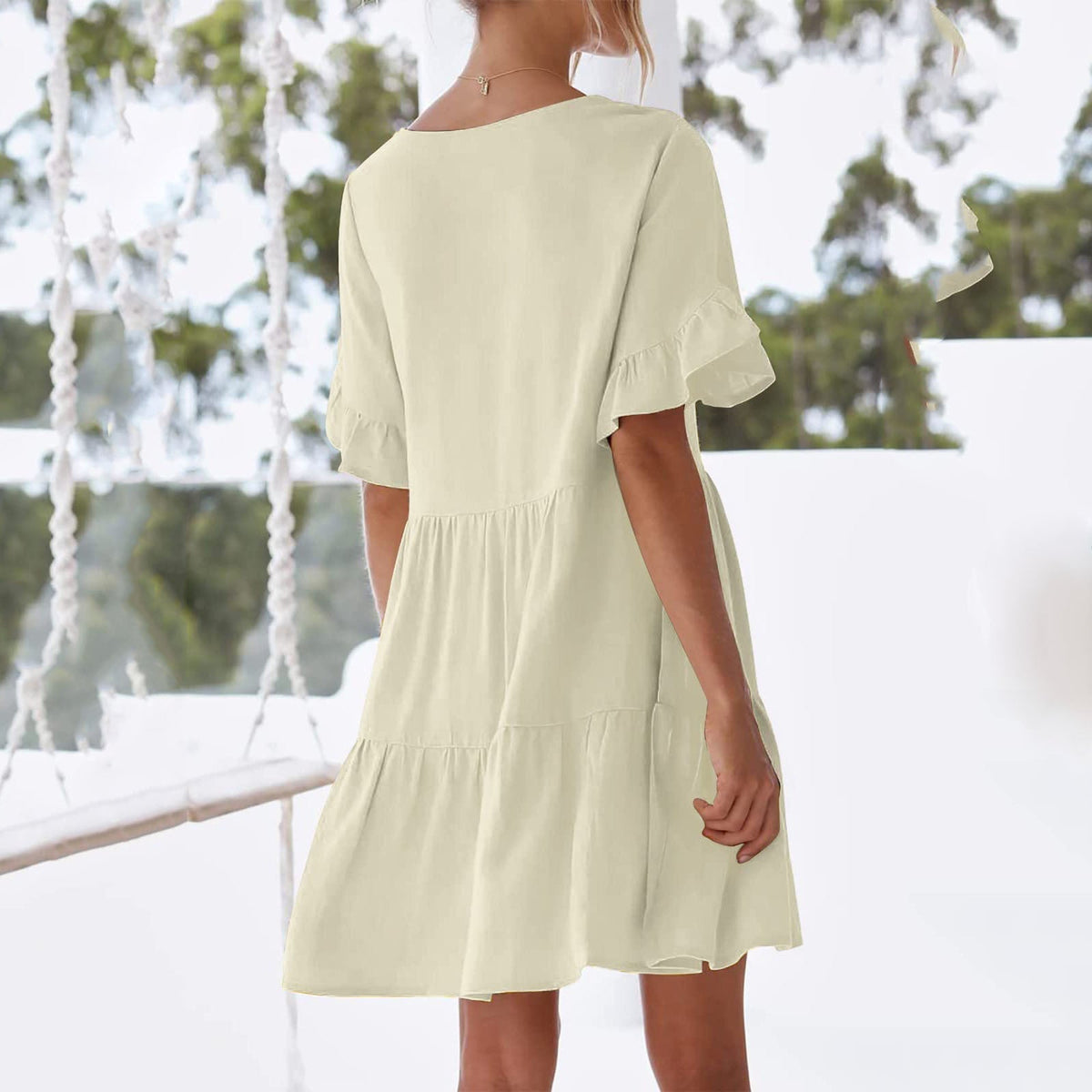V-Neck Short Sleeve Tiered Shift Mini Dress 5