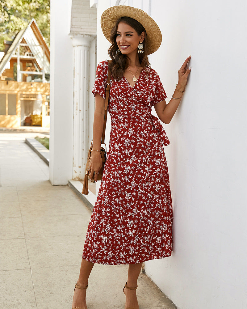Floral Print V-Neck Flutter Sleeve Wrap Midi Dress