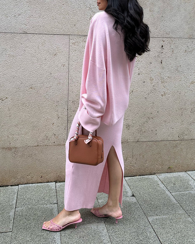 Cozy Knitted Long-Sleeved Cardigan and Skirt Set for Style