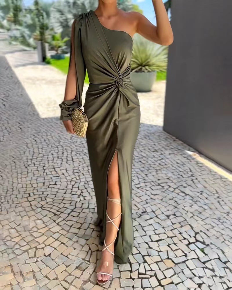 One Shoulder Long Puff Sleeve Twist Front Ruched High Split Midi Dress - View 2