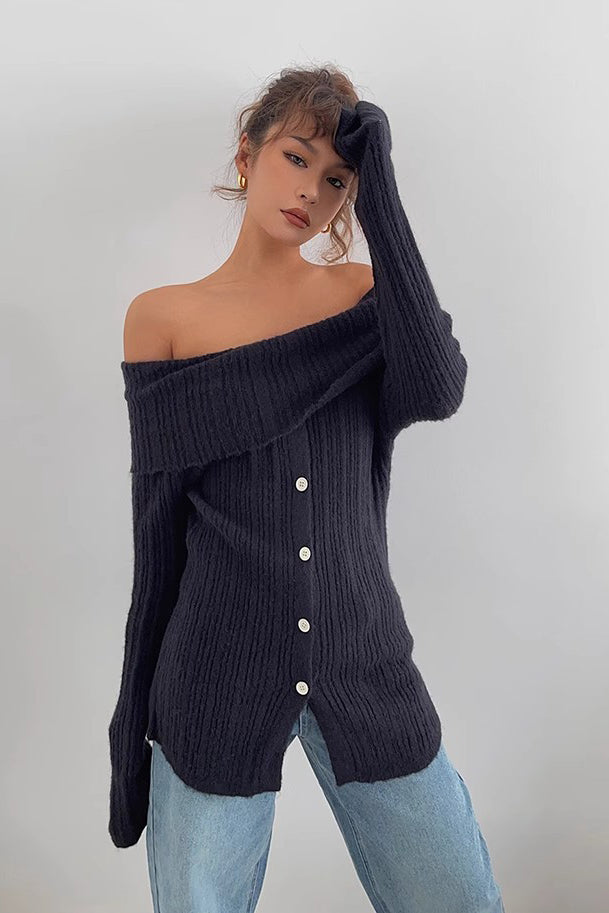 Off Shoulder Ruched Sweater with Buttoned Front Detail