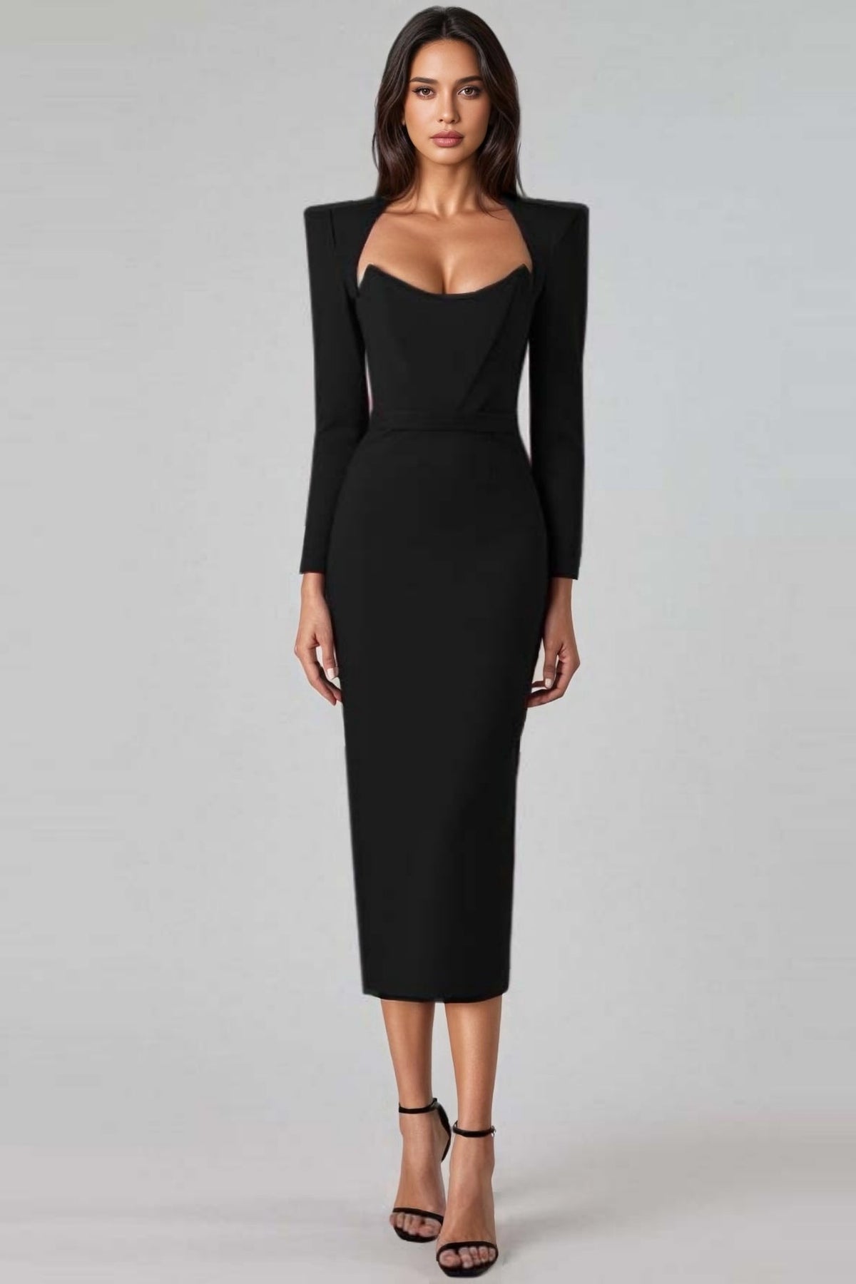 Structured Shoulder Sweetheart Cut Out Long Sleeve Midi Dress