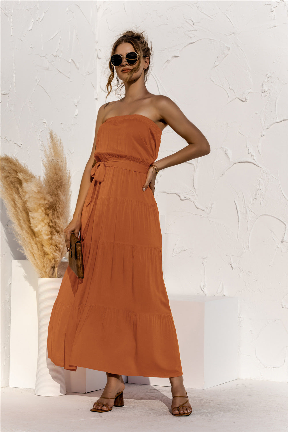 Strapless Tiered Belted Maxi Dress