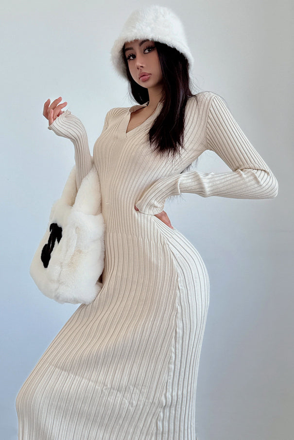 V-Neck Long Sleeve Knit Sweater Dress for Effortless Style