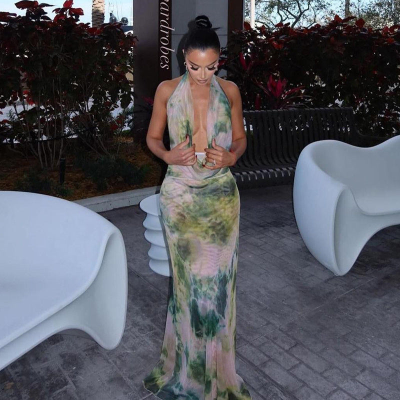 Solid-Color Halter Dress With Hollowed-Out Crop Tops