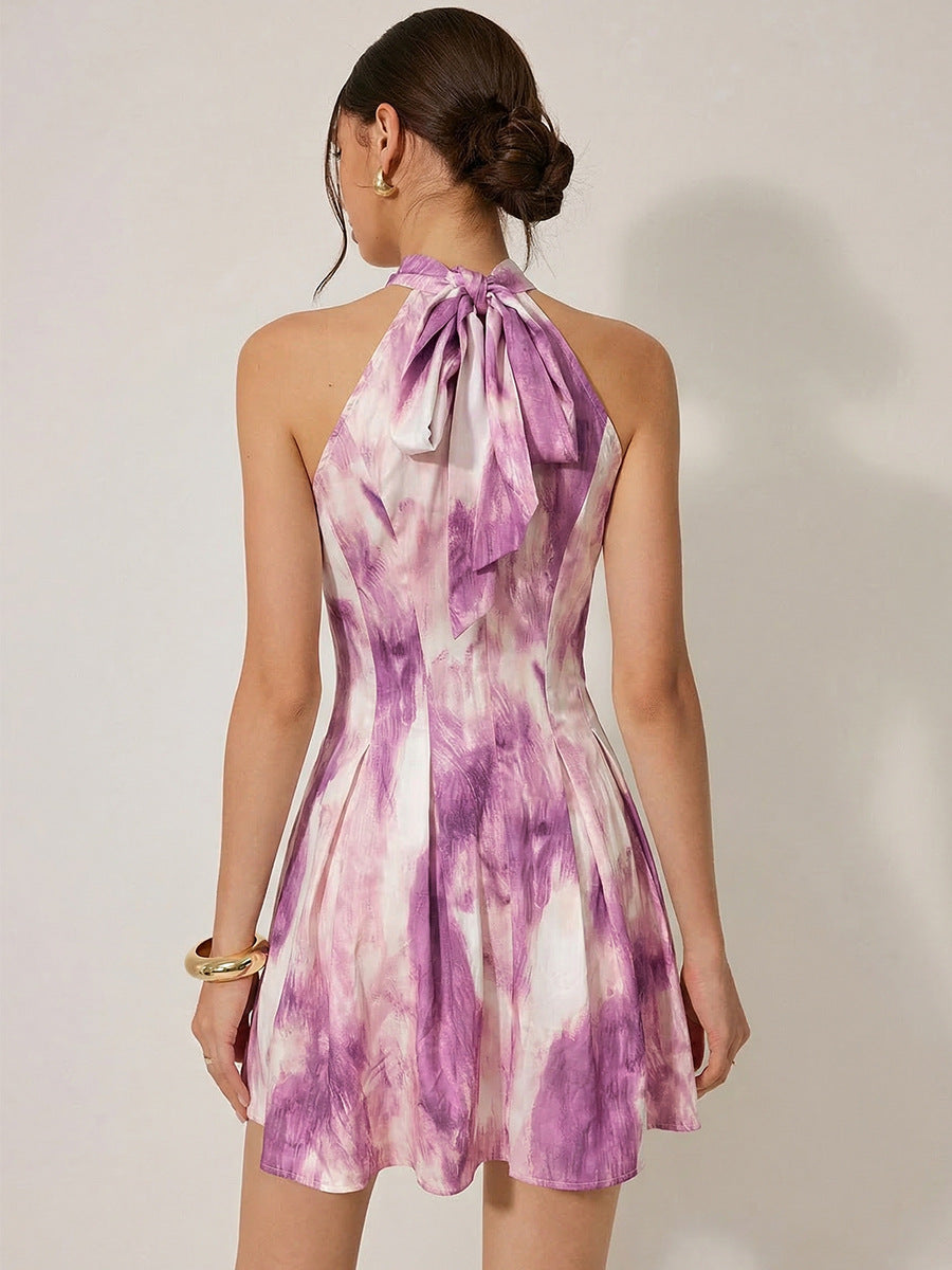 Tie Dye Print High Neck Button Front Mini Dress
