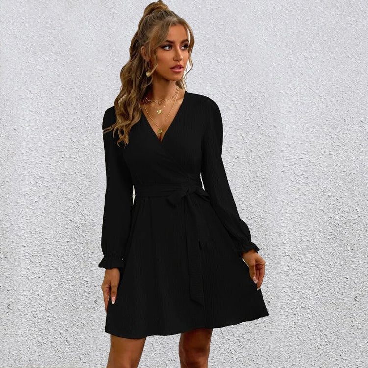 V-Neck Wrap Long Sleeve Belted Fit & Flare Mini Dress