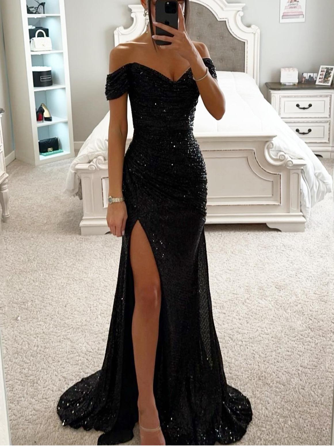 Party Sequined Boat Neck Slit Dress