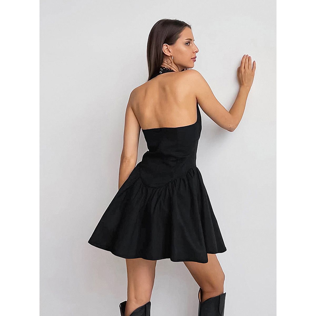 Cotton V-Neck Halter Button-Front Flared Mini Dress 6