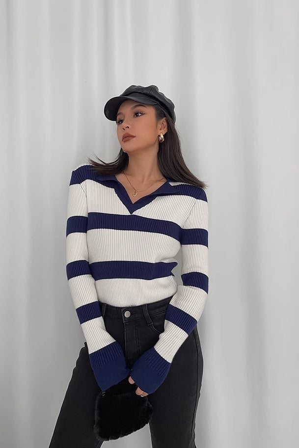 Ribbed Long Sleeve Striped Sweater for Effortless Style