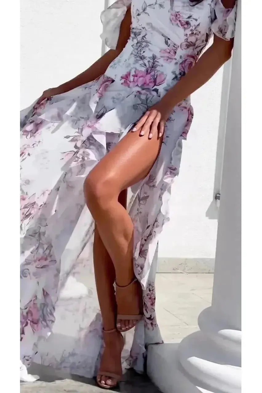Floral Print Off-Shoulder Ruffle High Slit Maxi Gown 4