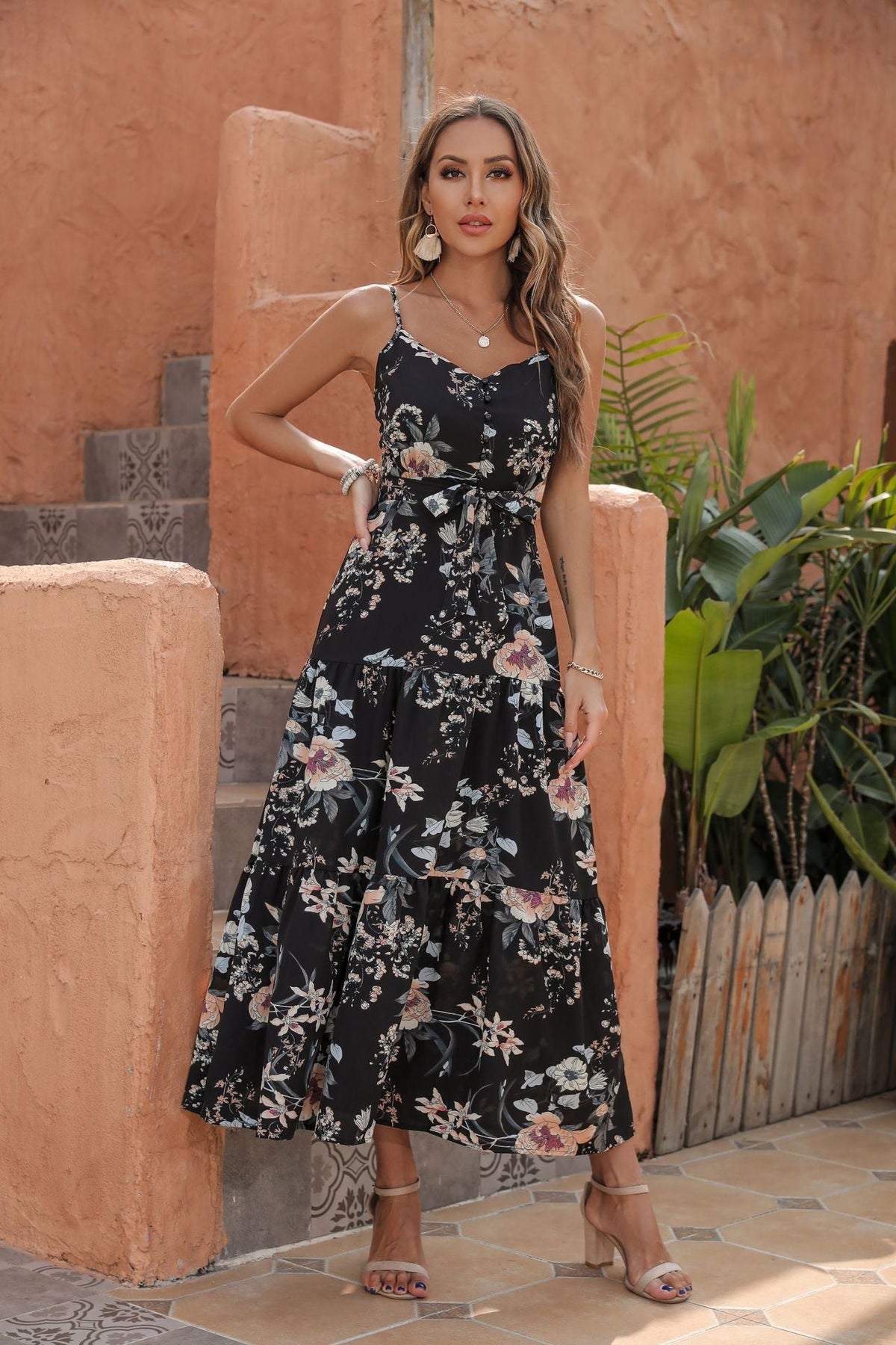 Floral Print Button Front Tiered Maxi Dress