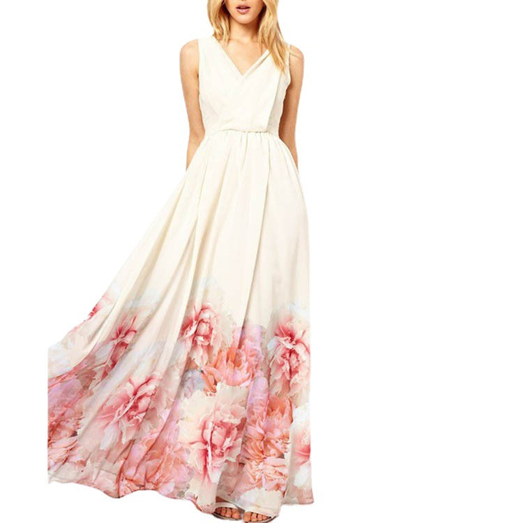 Floral Print V-Neck Sleeveless Pleated Maxi Dress