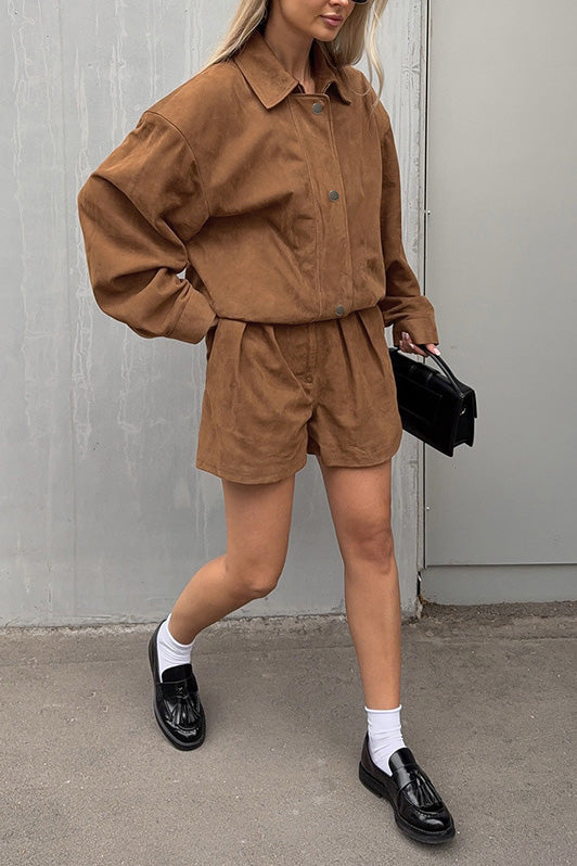 Vintage Brown Suede Lapel Jacket and Shorts Two-Piece Set