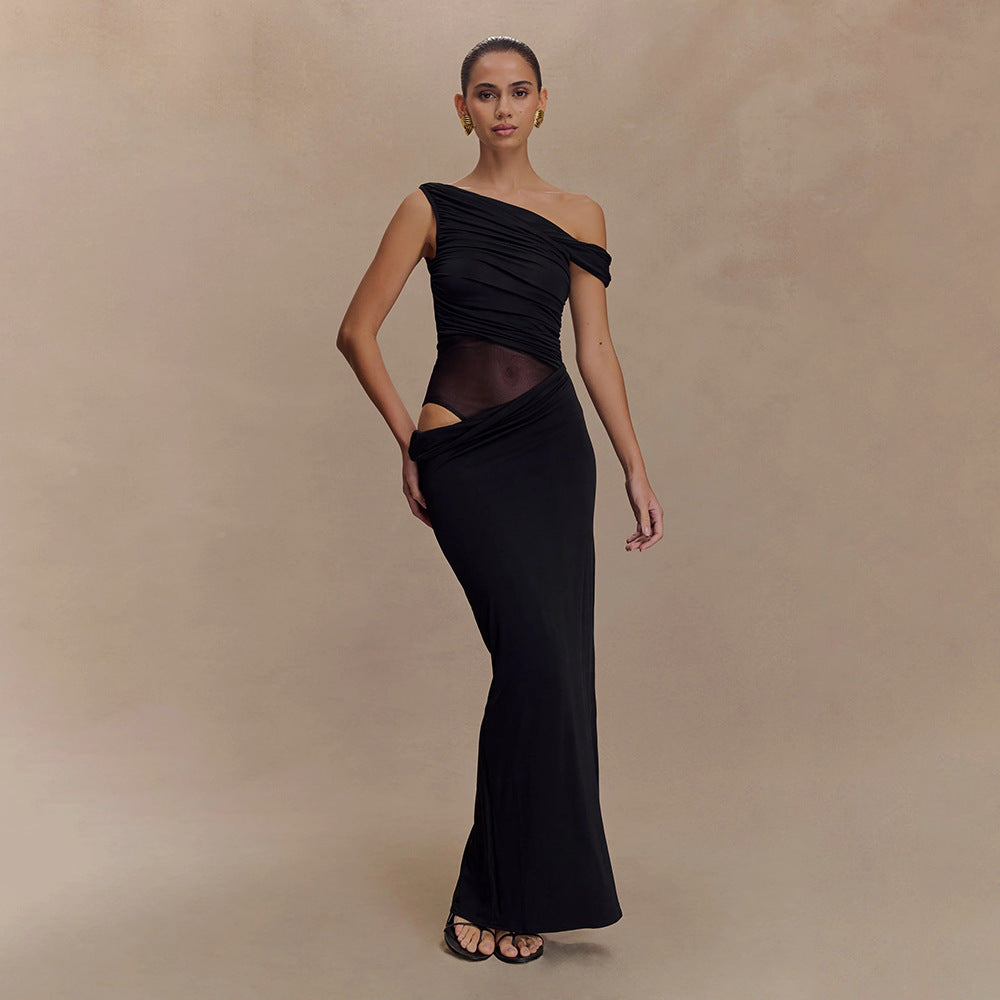 One-Shoulder Ruched Mesh-Cutout Column Maxi Gown 2