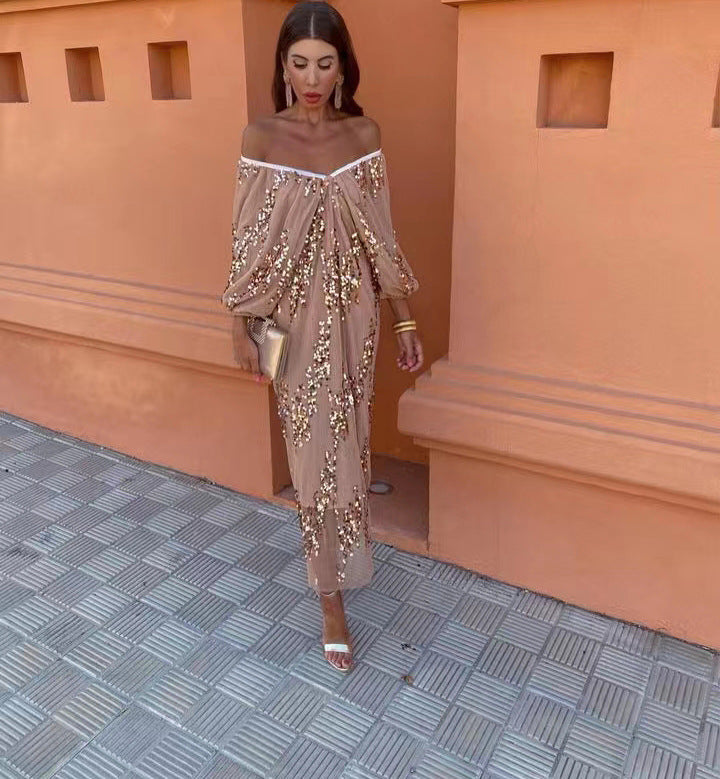 Sequin Off Shoulder Deep V-Neck Lantern Sleeve Mesh Maxi Dress - View 7