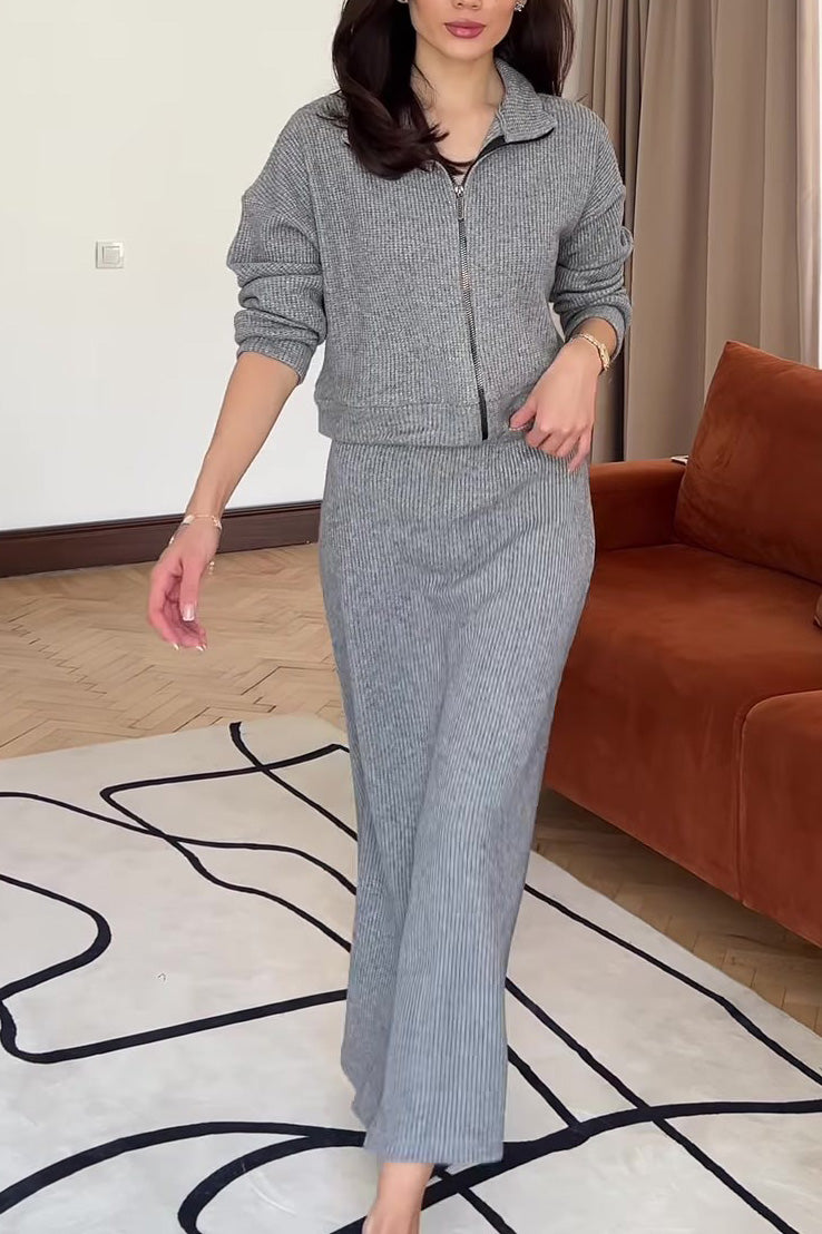Chic Solid Color Knit Lapel Zip-Up Coat and Maxi Skirt Set