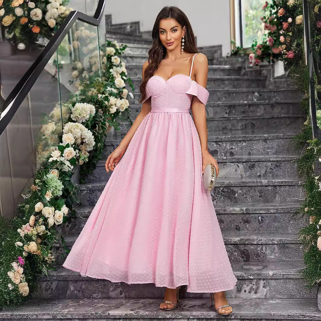Swiss Dot Sweetheart Bustier Off Shoulder Drape A-Line Maxi Gown - View 3