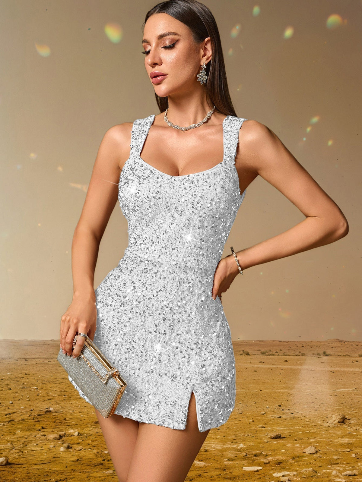 Sequin Square Neck Side Split Bodycon Mini Dress - View 3