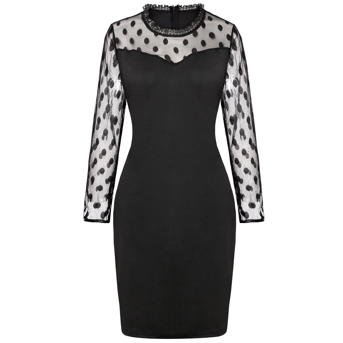 Polka Dot Mesh High Neck Long Sleeve Bodycon Mini Dress