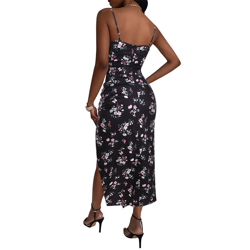 Floral Print Sweetheart Ruched Midi Dress