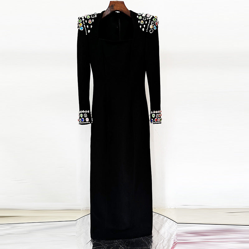 Elegant Heavy Industry Gem Diamond Long Sleeve Maxi Dress Formal Dress - Fashionpara
