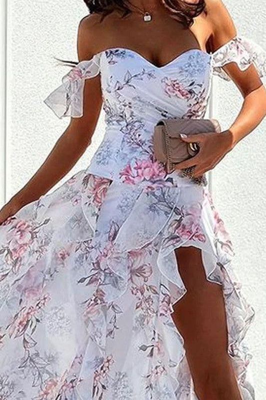 Floral Print Off-Shoulder Ruffle High Slit Maxi Gown 2