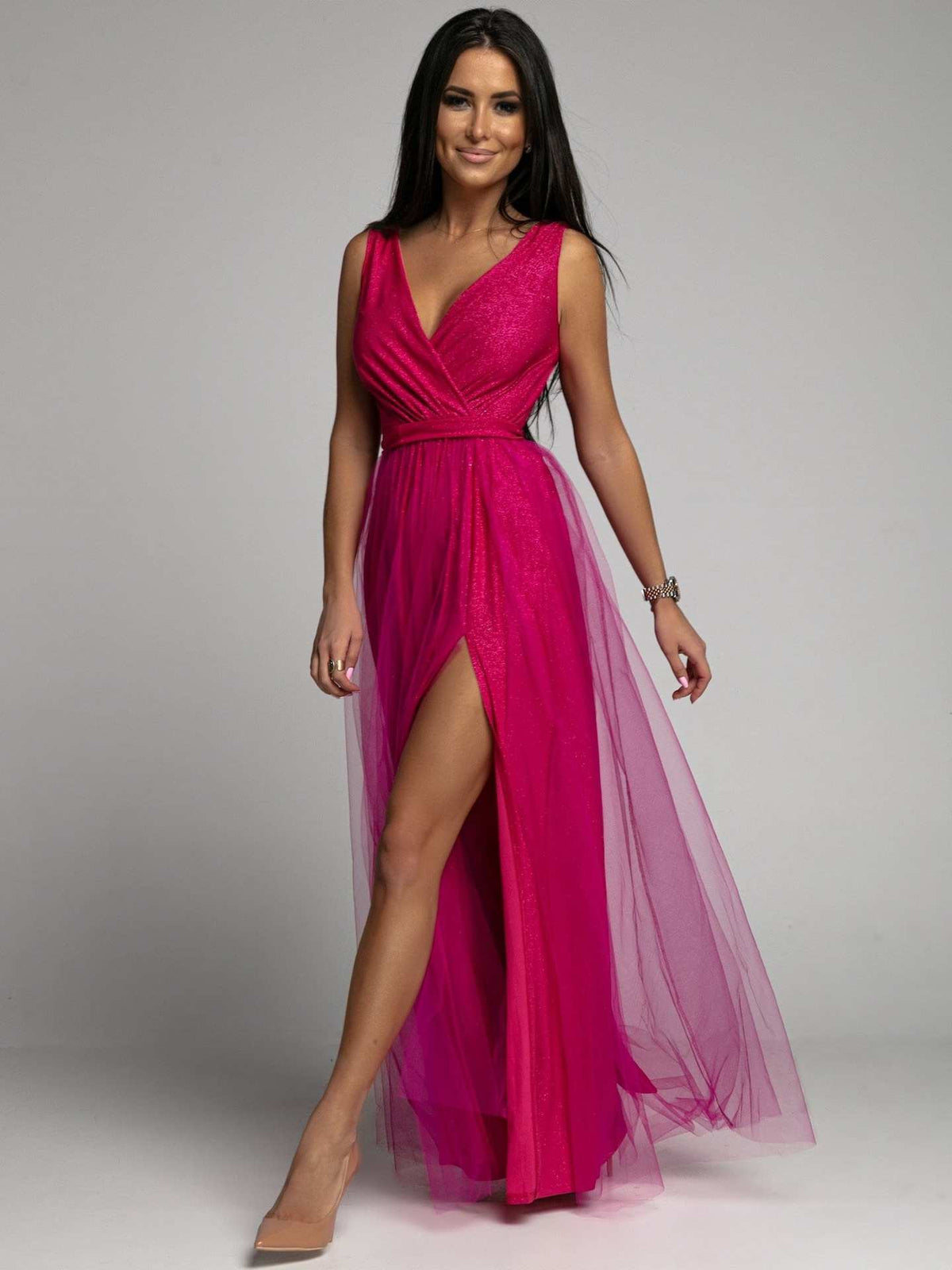 Glitter Tulle V-Neck Sleeveless High-Slit Maxi Gown