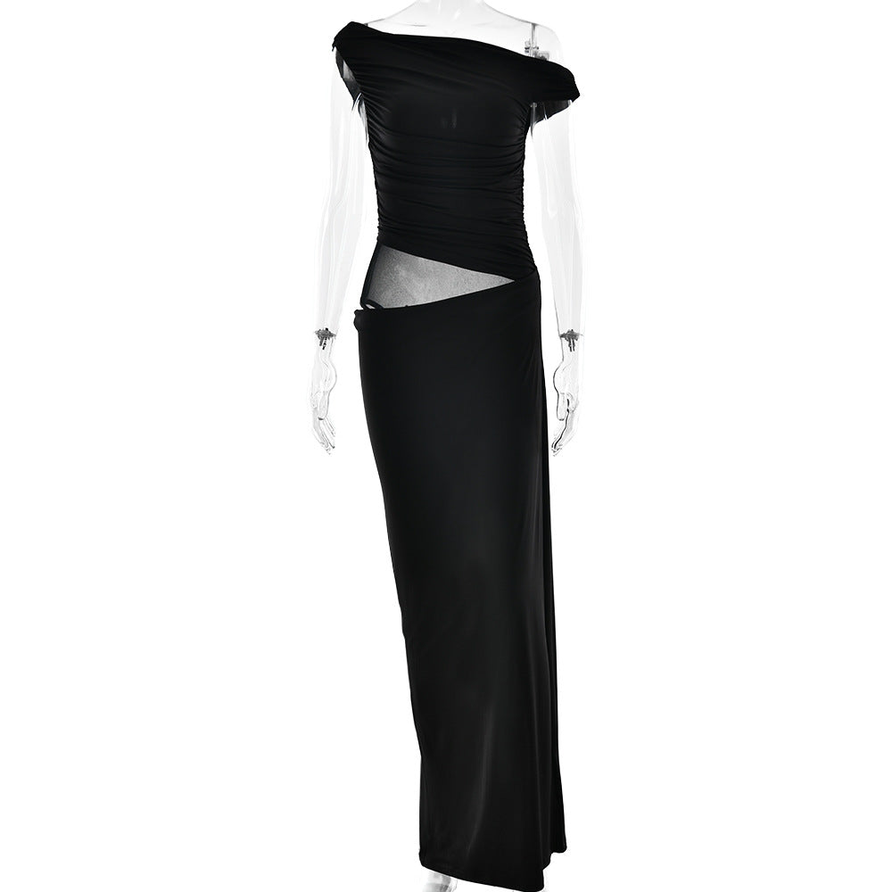 One-Shoulder Ruched Mesh-Cutout Column Maxi Gown 6