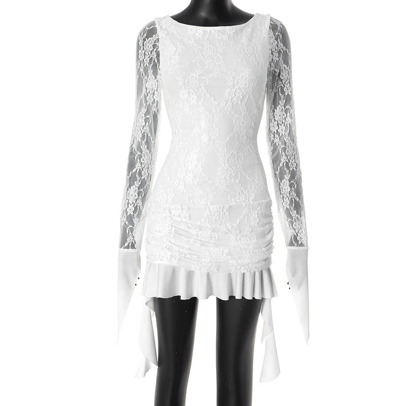 Lace Boat Neck Long Sleeve Ruched Asymmetric Ruffle Mini Dress - View 5