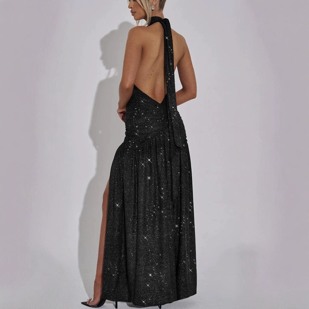 Deep V-Neck Halter Ruched High Split Glitter Maxi Dress - View 4