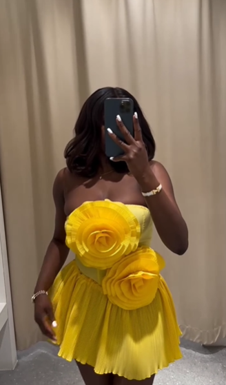 Unique Yellow Strapless Satin Flowers A Line Short Party Dress Formal Homecoming Dress D659