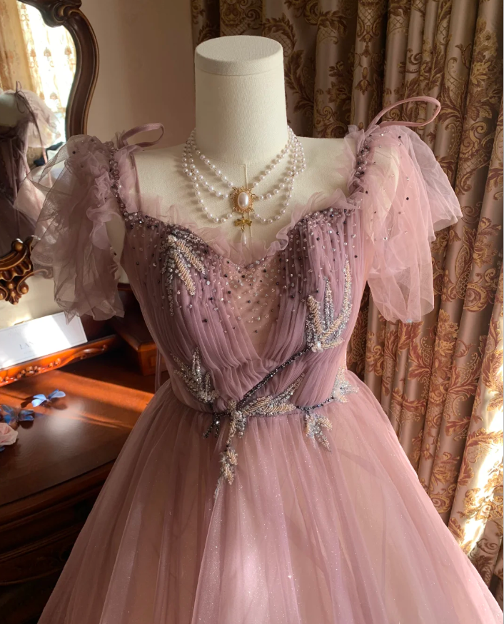 Sweet Tulle Sequin Beaded Ball Gown Pink Long Evening Dress Birthday Party Dress D1773