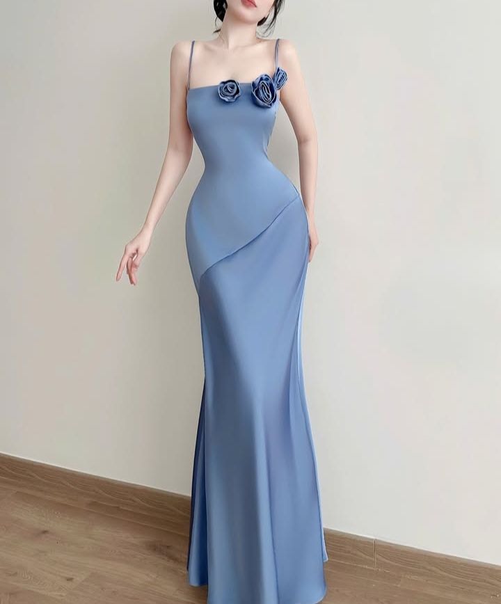 Classy Spaghetti Straps Blue Satin Mermaid Evening Dress Long Wedding Guest Dress D1294