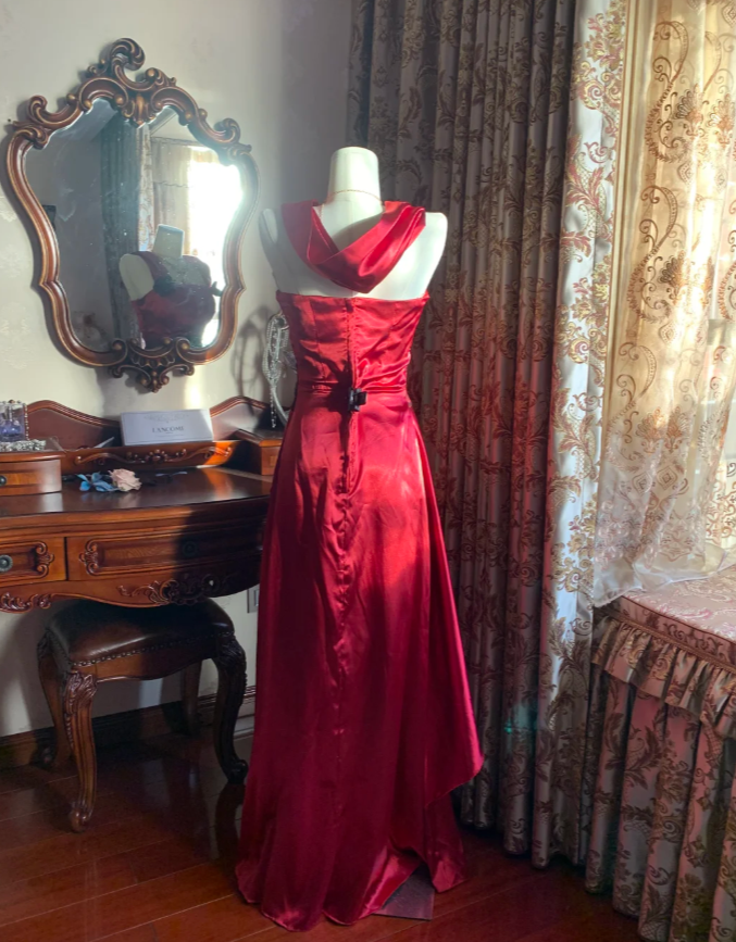 Stylish Burgundy Satin Ruffles Long Party Dress Evening Gown D1777